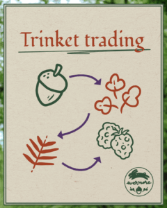 Een afbeelding waar met rode letters "Trinket trading" op een perkament achtige achtergrond staat. Daaronder zie je een tekening van een eikeltje, blaadjes en besjes. Tussen deze tekeningetjes staan paarse pijlen. Rechtsonderin staat het logo van Evermore. Om de afbeelding zit een rand met groenige boskleuren.
