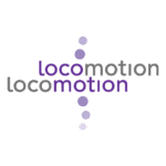 Het logo van LOCOmotion: twee keer de naam onder elkaar, met paarse letters en bolletjes die van boven en onder door de "o" heen gaan.